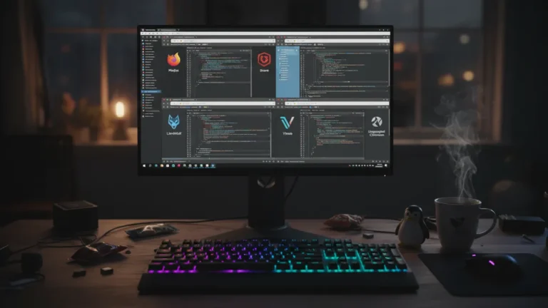 › best-browser-for-linux-2026 Six Linux browsers — Firefox, Brave, LibreWolf, Vivaldi, Chromium, and Ungoogled Chromium — tiled on a monitor in a 2026 daily-driver setup