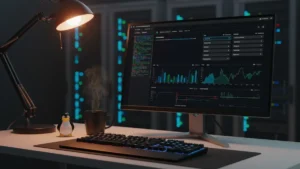 Linux homelab desk with a container management dashboard on a monitor showing Docker stats, alongside a keyboard, Tux figurine, and coffee mug