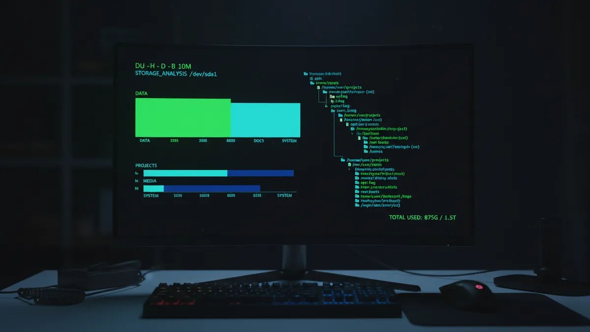 › best-linux-disk-usage-analyzers-2026 Terminal screen displaying colorful Linux disk usage analyzer output with directory tree visualization