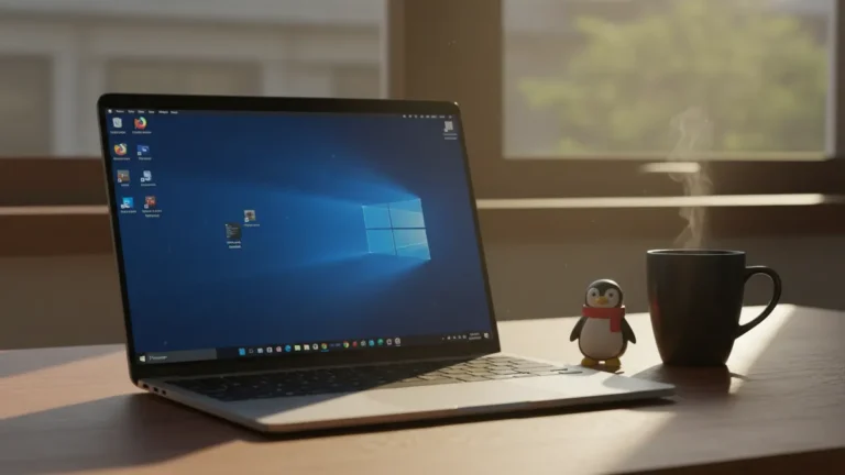 best-linux-distro-for-beginners-2026 › best-linux-distro-for-beginners-2026 Linux Mint Cinnamon desktop displayed on a laptop next to a coffee mug — the best Linux distro for beginners in 2026