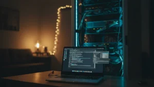 Home server rack with glowing LEDs beside a laptop running a Linux remote desktop session in 2026