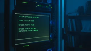 Terminal screen displaying Linux security audit results in a dimly lit homelab server room