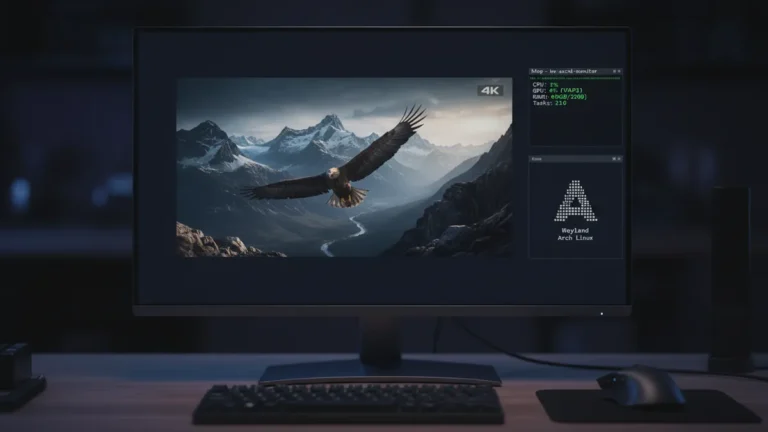 best-linux-video-player-2026 › best-linux-video-player-2026 Linux desktop in 2026 running a video player with hardware-accelerated 4K playback and system monitor showing low CPU usage