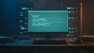 › best-linux-vpn-clients-2026 Linux terminal showing a WireGuard VPN connection in a homelab with server racks in the background