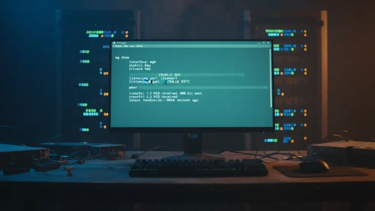 best-linux-vpn-clients-2026 › best-linux-vpn-clients-2026 Linux terminal showing a WireGuard VPN connection in a homelab with server racks in the background