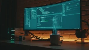 Homelab desk at night with Raspberry Pi, Proxmox server, and a terminal showing a Vaultwarden Docker container — best open source password manager 2026 testing setup