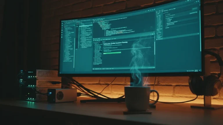 › best-open-source-password-manager-2026 Homelab desk at night with Raspberry Pi, Proxmox server, and a terminal showing a Vaultwarden Docker container — best open source password manager 2026 testing setup