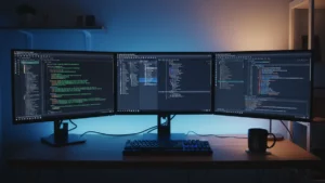 Comparison of Linux text editors Vim Neovim and VS Code on an ultrawide monitor in a home office setup