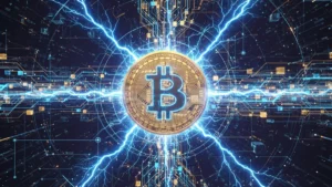 Bitcoin Lightning Network visualization showing instant payment channels and network nodes