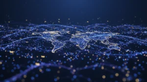 Decentralized AI network visualization with TAO token nodes connected across a global mesh, representing Bittensor's peer-to-peer machine intelligence marketplace