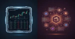 Comparison of centralized vs decentralized crypto exchange interfaces showing CEX order books and DEX wallet connections