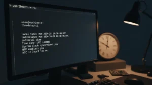 change-timezone-linux › change-timezone-linux Linux terminal displaying timedatectl output showing timezone and NTP synchronization status