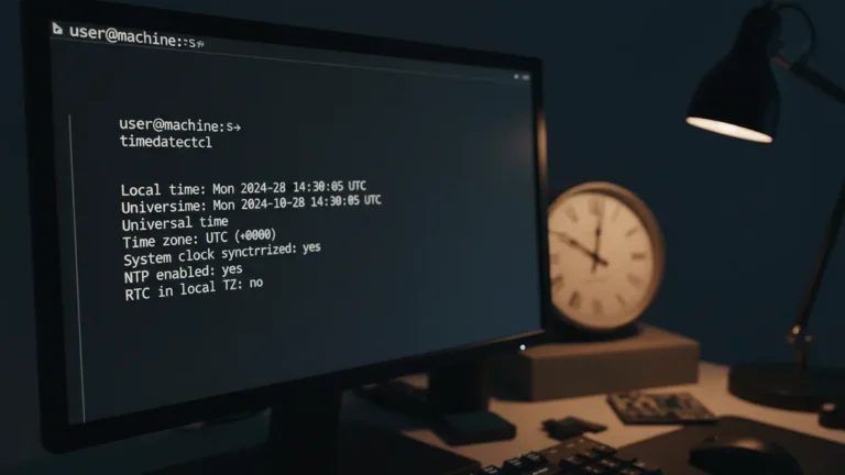 › change-timezone-linux Linux terminal displaying timedatectl output showing timezone and NTP synchronization status