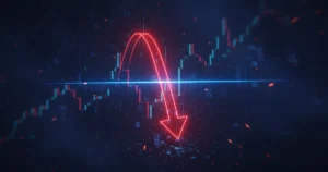 Crypto backwardation visualization showing futures price curve dipping below spot price with dark moody trading atmosphere