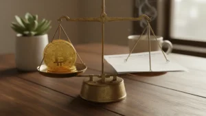 crypto-ira-explained › crypto-ira-explained A brass scale weighing Bitcoin coins against a retirement account statement, representing the tax decision behind a crypto IRA