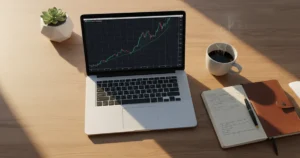 Crypto position trading desk setup with weekly chart, coffee, and trading journal in warm morning light