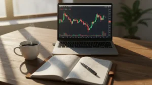 A trading journal, black coffee, and a laptop showing a Bitcoin spot price chart at dawn — crypto spot trading explained