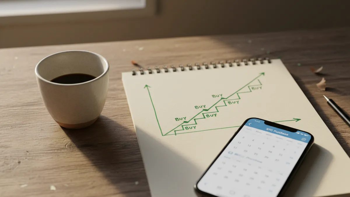 › dollar-cost-averaging-crypto Notebook with Bitcoin price chart and weekly DCA purchase markers next to a coffee cup and phone calendar reminders.