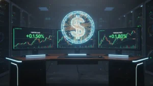 Digital synthetic dollar coin hovering above trading screens displaying perpetual futures charts and funding rate data