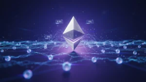 › ethereum-staking-explained Ethereum staking explained illustration showing the ETH logo connected to validator nodes with APY percentages indicating proof of stake rewards