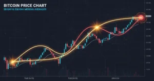 Golden cross vs death cross crypto chart showing 50-day and 200-day moving average crossover signals on Bitcoin