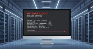 Hetzner server performance metrics displayed on a Linux terminal with European data center hardware in the background