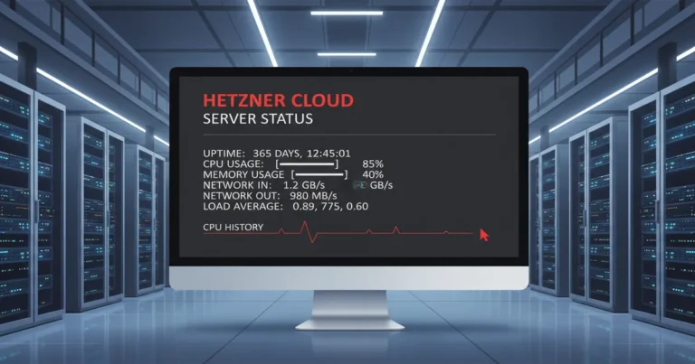 › hetzner-review-2025 Hetzner server performance metrics displayed on a Linux terminal with European data center hardware in the background