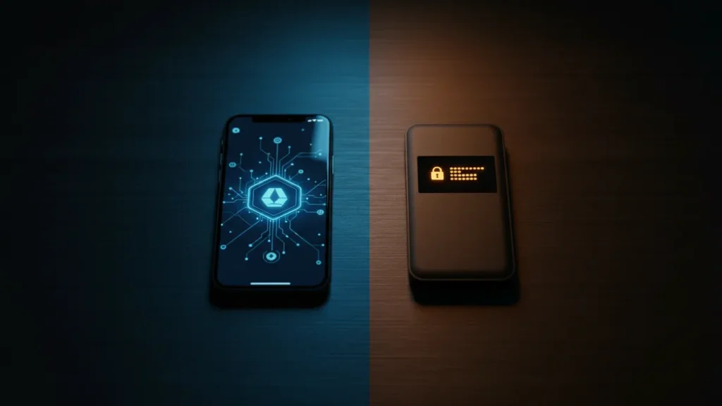› hot-wallet-vs-cold-wallet-crypto Smartphone with crypto wallet app next to a hardware cold wallet device on a dark wood desk, illustrating the difference between hot wallet and cold wallet crypto storage.