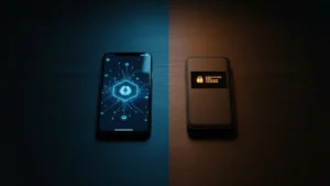 › hot-wallet-vs-cold-wallet-crypto Smartphone with crypto wallet app next to a hardware cold wallet device on a dark wood desk, illustrating the difference between hot wallet and cold wallet crypto storage.