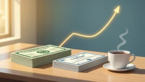 Stacked Treasury bonds and corporate bond certificates on a desk with coffee cup and yield chart in background