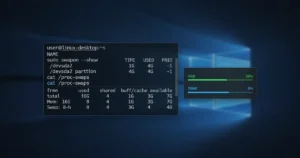 Linux terminal showing swap space configuration commands with system memory monitor