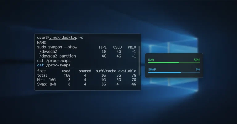 how-to-add-swap-space-in-linux › how-to-add-swap-space-in-linux Linux terminal showing swap space configuration commands with system memory monitor