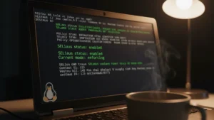 › how-to-configure-selinux-on-linux Linux terminal showing sestatus command output with SELinux in enforcing mode on a dark themed shell