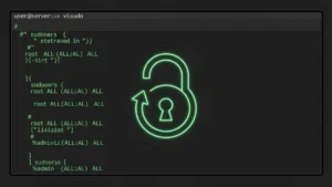 › how-to-edit-sudoers-file-in-linux Linux terminal showing visudo command editing the sudoers file with a padlock icon representing security