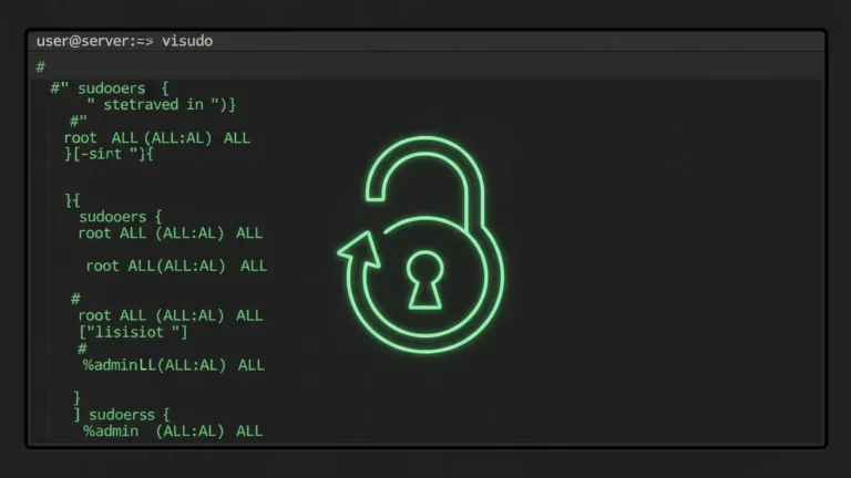 how-to-edit-sudoers-file-in-linux › how-to-edit-sudoers-file-in-linux Linux terminal showing visudo command editing the sudoers file with a padlock icon representing security
