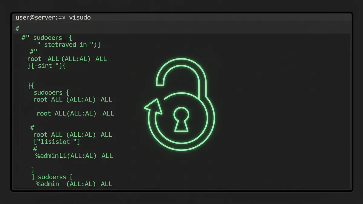 › how-to-edit-sudoers-file-in-linux Linux terminal showing visudo command editing the sudoers file with a padlock icon representing security