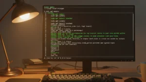 › how-to-install-apache-on-linux Linux terminal displaying Apache web server installation commands on a dark screen in a developer workspace