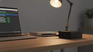 Linux terminal showing kubectl get nodes output with K3s cluster nodes in Ready status on a homelab desk setup