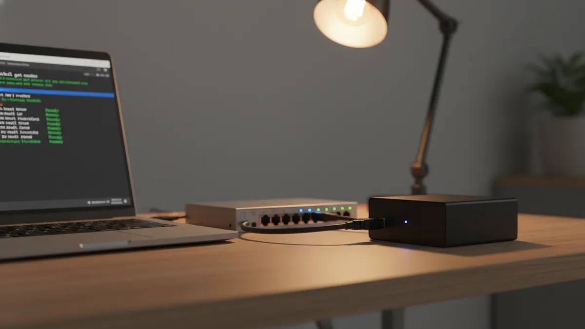 › how-to-install-k3s-on-linux Linux terminal showing kubectl get nodes output with K3s cluster nodes in Ready status on a homelab desk setup