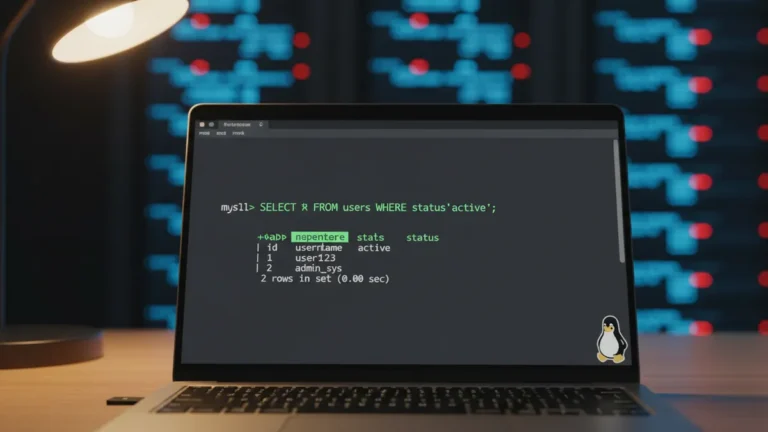 how-to-install-mysql-on-linux › how-to-install-mysql-on-linux Linux terminal showing MySQL installation and command prompt on a sysadmin's laptop