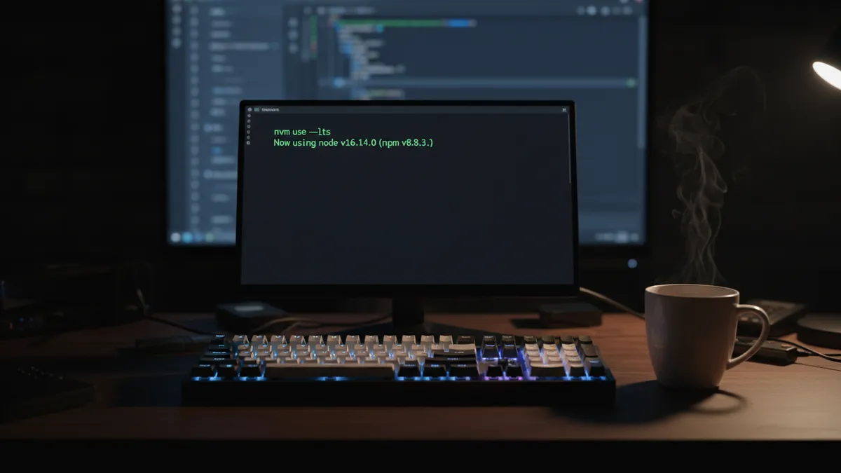 › how-to-install-nodejs-on-linux Linux terminal showing Node.js and nvm version output on a developer's desk with a coffee mug