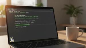 how-to-install-python-on-linux › how-to-install-python-on-linux Linux terminal showing Python installation commands on a developer's desktop with a coffee mug nearby