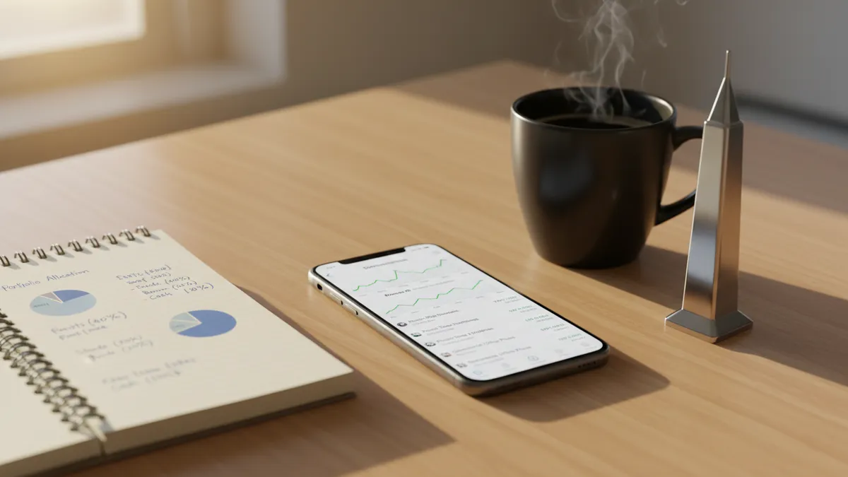› how-to-invest-in-reits Smartphone showing REIT investment dashboard with dividend yield charts next to coffee and a miniature skyscraper on a wooden desk