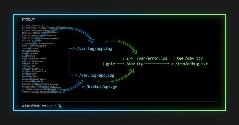 › how-to-redirect-output-in-linux Linux terminal showing output redirection with stdin stdout and stderr streams flowing to files and pipes