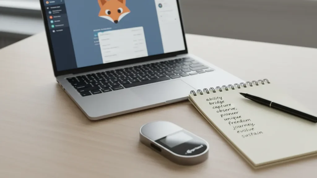 › how-to-set-up-metamask-wallet MetaMask wallet setup screen on a laptop next to a hand-written seed phrase on paper and a hardware wallet