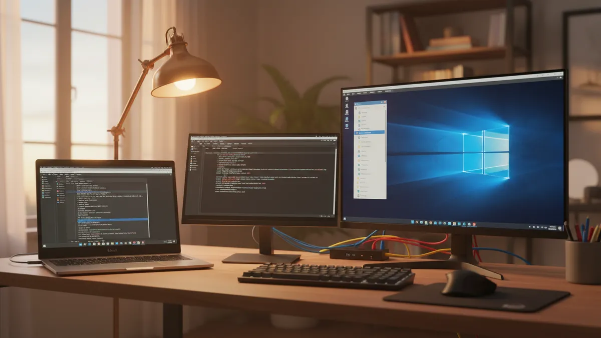 › how-to-set-up-samba-on-linux Linux terminal showing smb.conf configuration next to a Windows machine connecting to a Samba share over the network