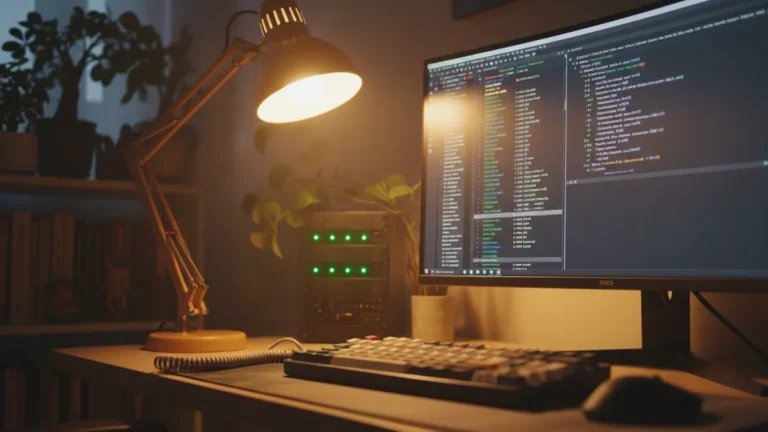 › how-to-use-ansible-on-linux Linux terminal displaying an Ansible YAML playbook with a home server rack in the background