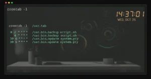 Linux terminal showing crontab syntax and scheduled cron job entries for task automation