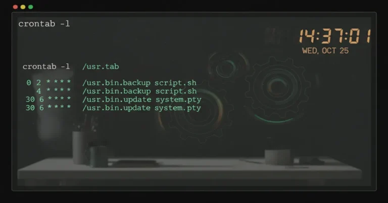 how-to-use-cron-jobs-in-linux › how-to-use-cron-jobs-in-linux Linux terminal showing crontab syntax and scheduled cron job entries for task automation