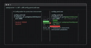 Linux terminal showing diff command output comparing two files with highlighted changes